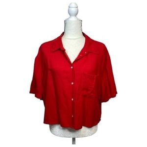 H&M Red Linen Blend Women's Button-Up Top Size Large